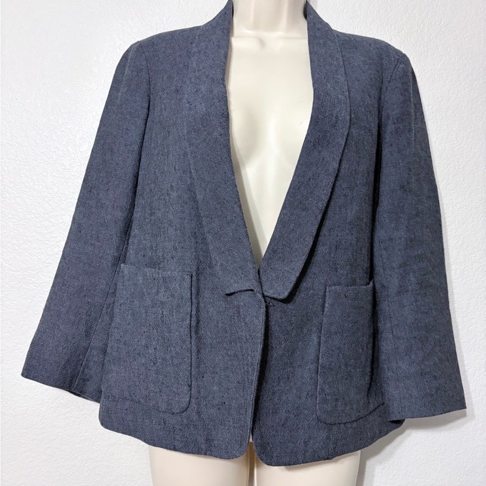 Pomandere Linen Blend Boxy Womans Blazer Single Button Patch Pockets 3/4 Sleeves - Picture 2 of 16